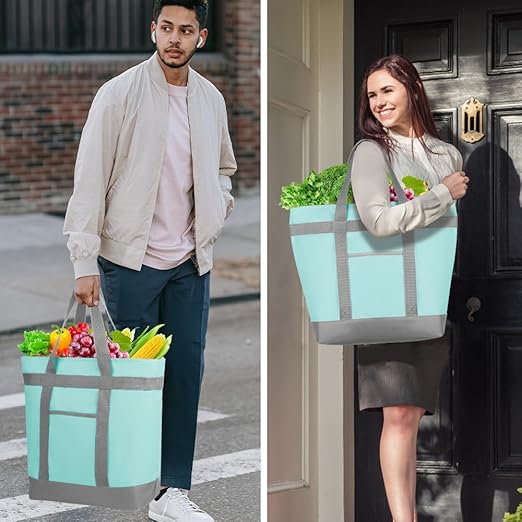 2Pk Insulated Reusable Tote Bag for Grocery Shopping for Women/Men, Pizza/Food Delivery Bag to Keep Food Cold/Hot for Uber Eats/Doordash/Grubub, Cooler bags for Travel/Beach/Picnic, Green