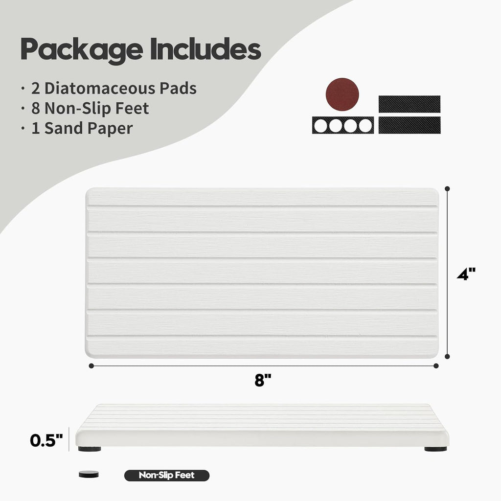 2PCS Water Absorbing Stone Drying Tray Mat For Bathroom Sink & Kitchen Counter Faucet Organizer Decor, Quick Dry Dish Soap Dispenser Sponge Holder, Vanity Sink Caddy Bar Coaster,White-8"*3.8"