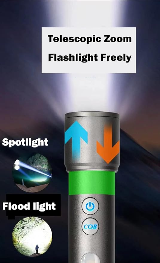 poyoelf Zoomable Led Flashlight with COB Sidelight with Hook,Rechargeable EDC Small Lantern Flashlight,Waterproof,Tactical Portable Handheld Torch for Camping,Hiking,Emergency,Home Use(Black)