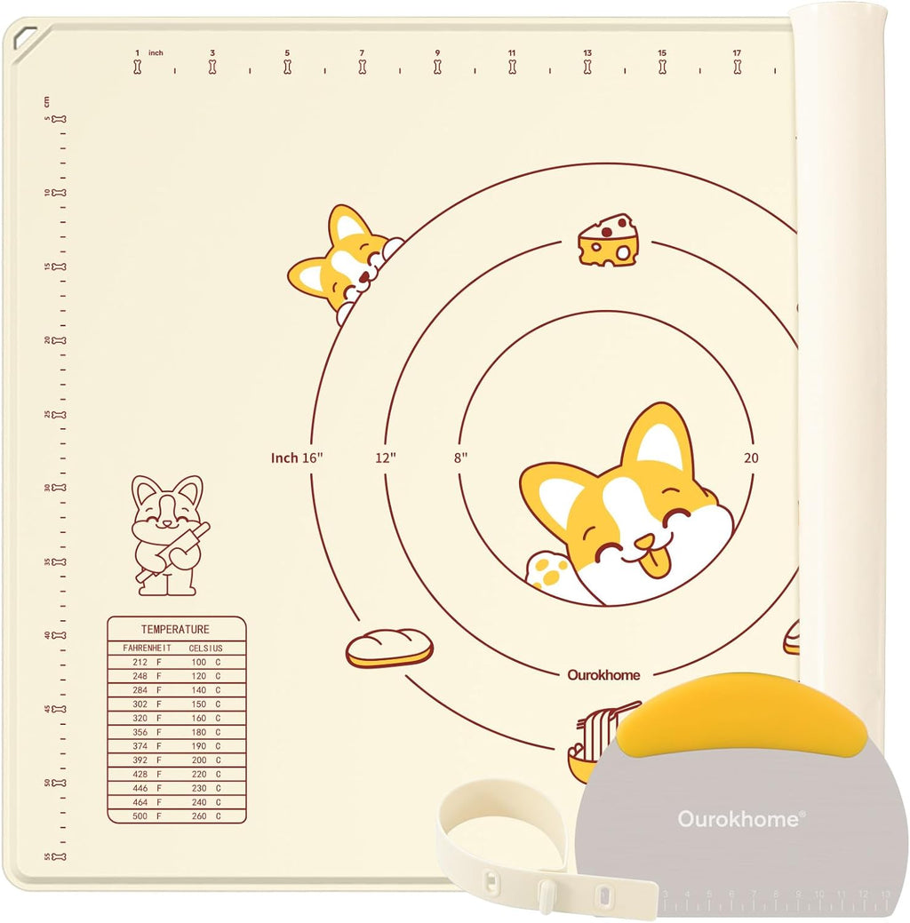 Ourokhome Silicone Baking Mat Sheet and Pastry Dough Cutter, 0.5 Inch Thick 32" X 24" BPA free Silicone Rolling Mat, Non-Stick and Anti-Slip, Dishwasher Safe (Beige)