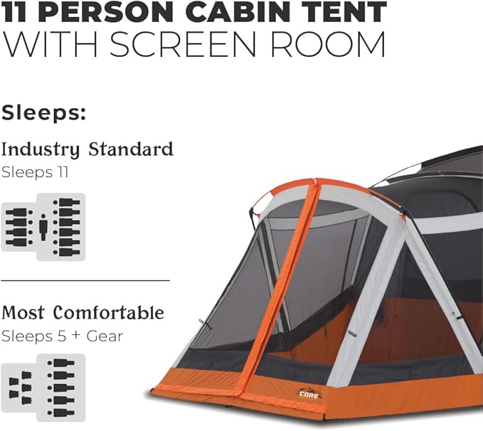 CORE Tent for Family Camping | 10 Person / 11 Person / 12 Person Large Multi Room Cabin Tents for Car Camping & Outdoor Adventures