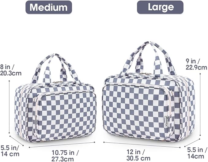 Narwey Travel Toiletry Bag for Women Large Hanging Makeup Bag Organizer Toiletries Bag for Full Size Essentials Accessories Cosmetics (Grayish Blue Checkerboard (Large))