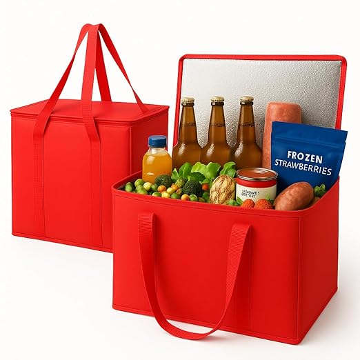 2Pk Insulated Reusable Grocery Bags, Collapsible Cooler Bag for Groceries, Heavy Duty Large Insulated Bag (Large, Bright Red)