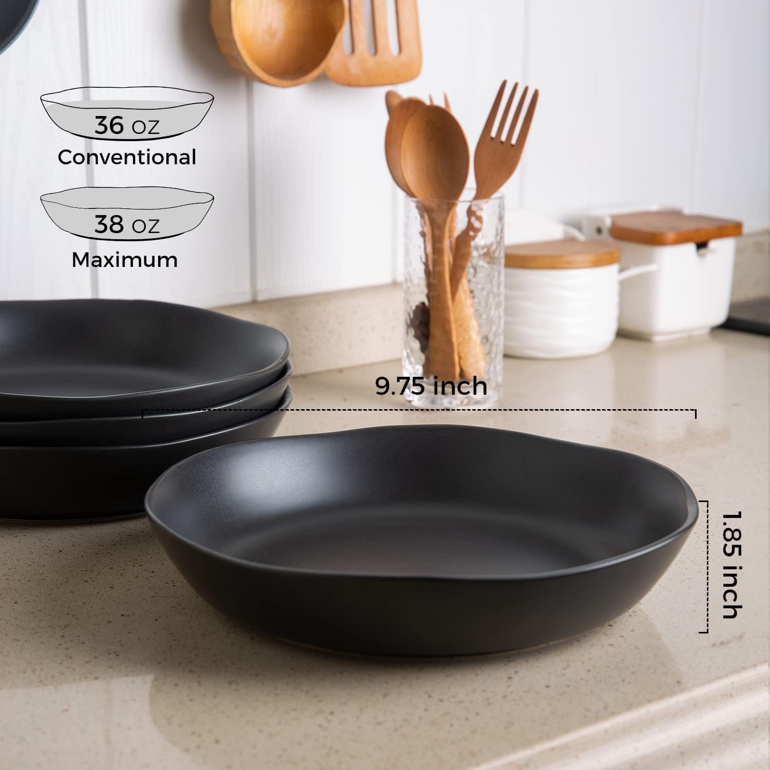 AmorArc 9.75'' Large Ceramic Pasta Bowls, 38oz Stoneware Wide Serving Bowls Set of 6 for Kitchen, Oven, Microwave&Dishwasher Safe Bowls with Wavy Rim for Fruit Pasta Salad Meal, Matte Black