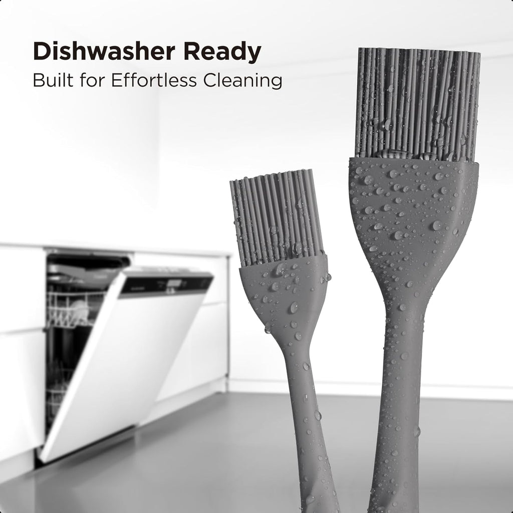 Kitchen Mama WaltzGrip Platinum Silicone Basting Pastry Brush: Set of 2 Heat-Resistant Brushes for Cooking, Baking, Grilling, and Spreading Oil or Butter - Dishwasher-Safe (Metal Gray)