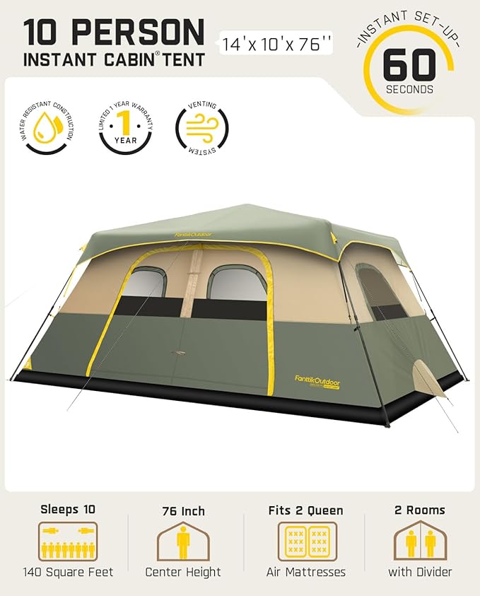 FanttikOutdoor Camping Tent 4/6/8/10 Person Instant Cabin Tent Setup in 60 Seconds with Rainfly & Windproof Portable with Carry Bag for Family Camping & Hiking, Upgraded Ventilation