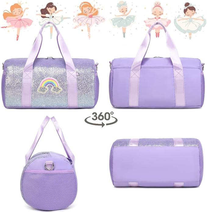 Ballet Dance Bag for Girls Shiny Rainbow Glitter Sports Duffle Bags for Girls Ballerina Duffle with Waterproof Dry Wet Separated Compartment