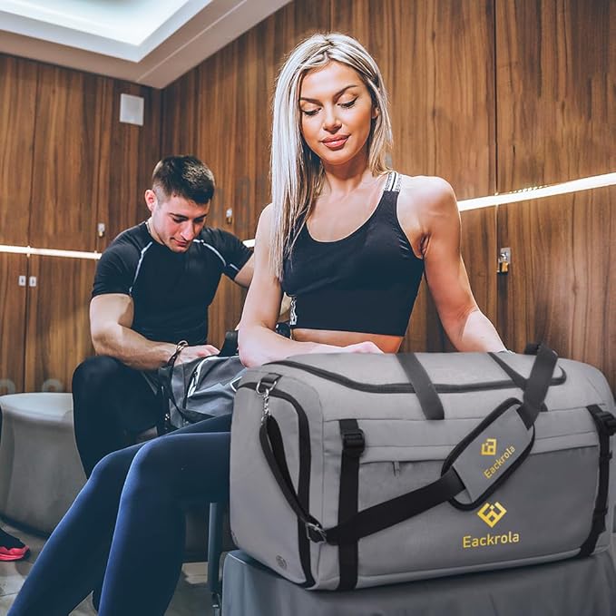 Eackrola Large Sports Gym Bag, Travel Duffel bag with Wet Pocket & Shoes Compartment for men women, 65L, Lightweight（Light Gray）