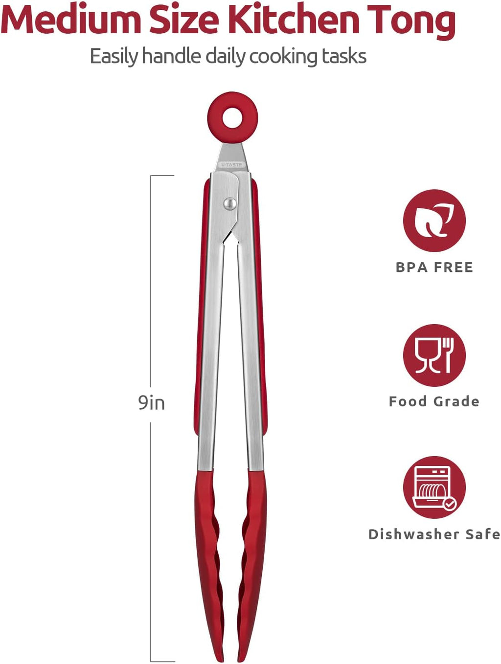 Heat Resistant Silicone Kitchen Tong: U-Taste 9 inch 480ºF Hot Proof Cooking Tong with Firm Sealed Non Stick Rubber Tips & Silicon Coated Steel Handle & Smooth Locking for Serving Grill Salad (Red)