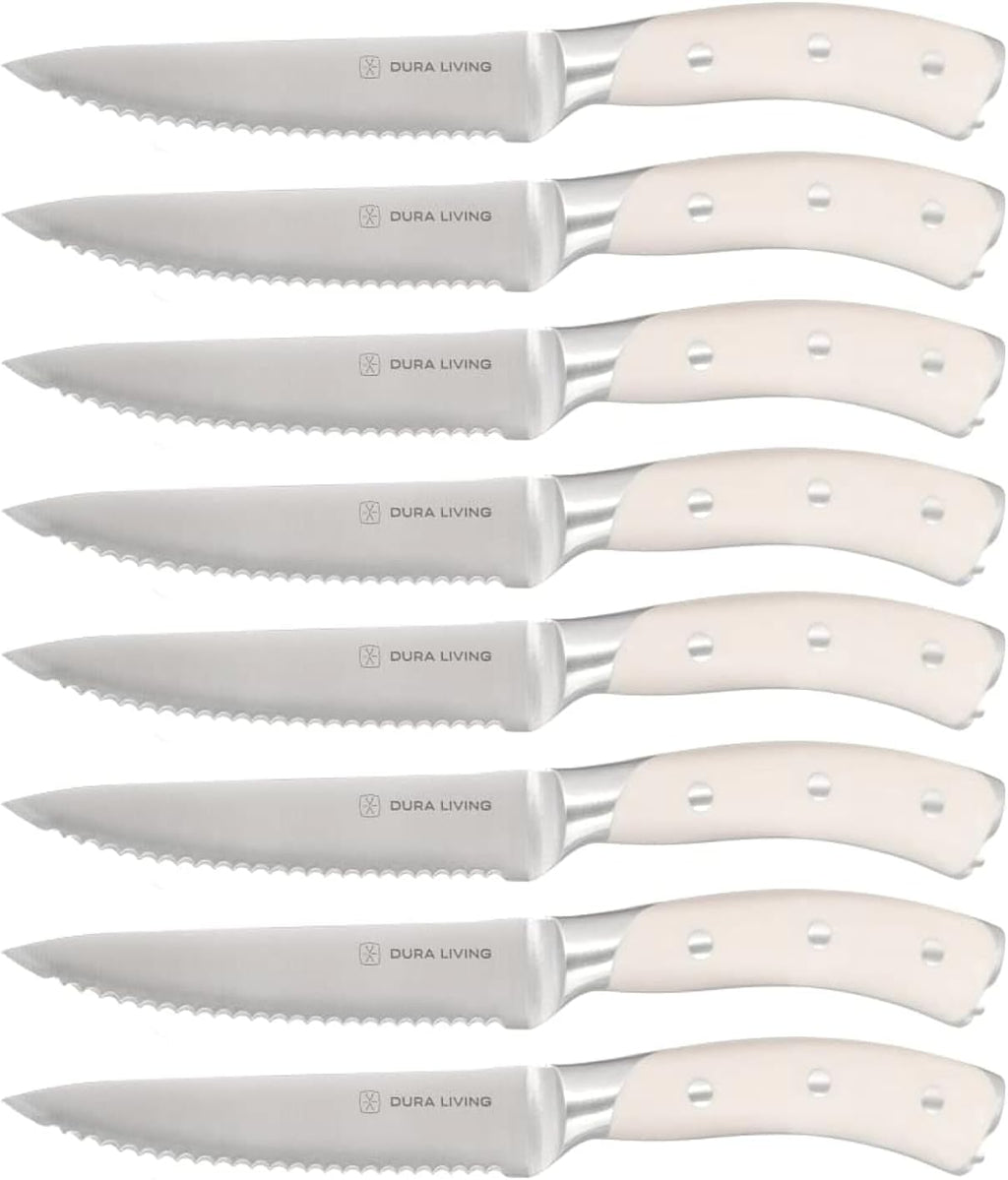 8-Piece Serrated Kitchen Steak Knife Set – Forged High Carbon Stainless Steel, Ultra Sharp, Ergonomic Black Handles, Durable Dinner Knives, Cream Handle