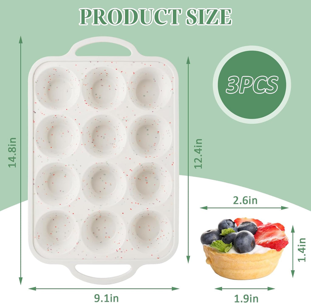 3 Pack Silicone Muffin Pans for Baking 12 Cup Mini Silicone Cupcake Pan with Metal Reinforced Frame, Nonstick Baking Cups BPA Free Siliconee Cupcake Molds for Oven Dishwasher Safe, Cream
