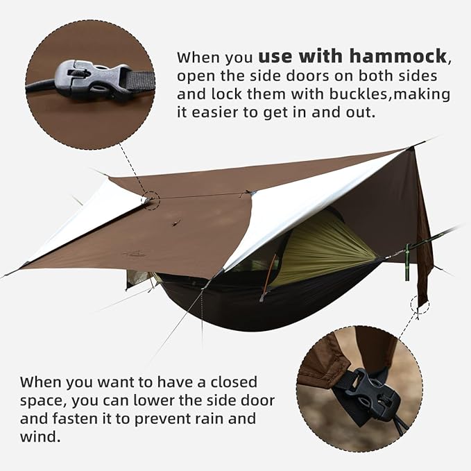 Ultralight Tarp, 14ft Hammock Rain Fly Lightweight Waterproof Camping Tent Tarp with Doors, Bushcraft Tarp Shelter for Backpacking Hiking Camping