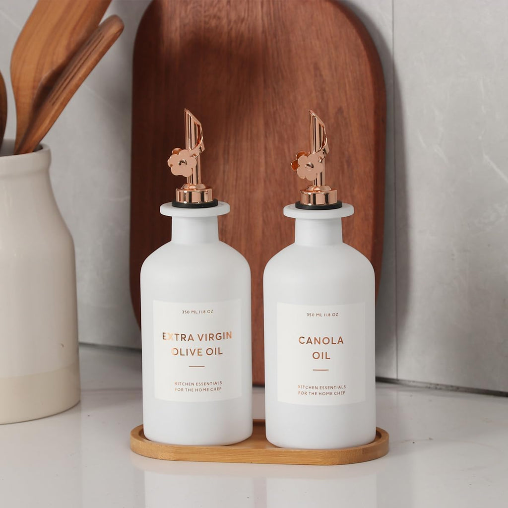 HOMCDALY Olive Oil Dispenser for Kitchen, 11.8oz Glass kitchen Dispenser Bottle, Rose Gold Oil&Vinegar Cruet Set, Leakproof Oil Containers for Cooking, Kitchen Decor | Set of 2 (11.8oz – Rose Gold)