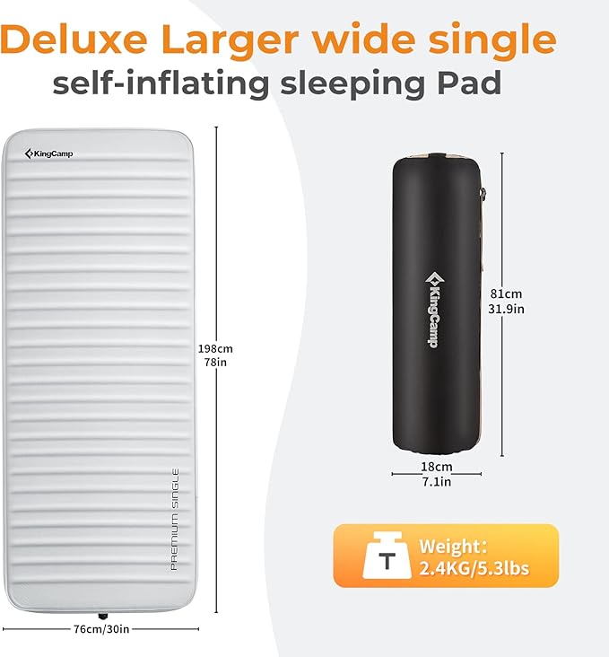 KingCamp Sleeping Pad for Camping, Self Inflating R 9.5 Sleeping Pad for All Seasons, 3" Thick Camping Mattress Mat for Outdoor Tent Cot Car Backpacking, PVC Free (Lightgrey/Charcoal)