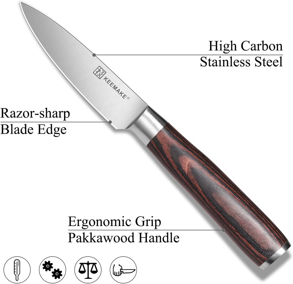 KEEMAKE 3.5 inch Paring Knife 3.5 Inch, Fruit Knife German High Carbon Stainless Steel Blade, Pakkawood Handle Small Kitchen Knife with Gift Box