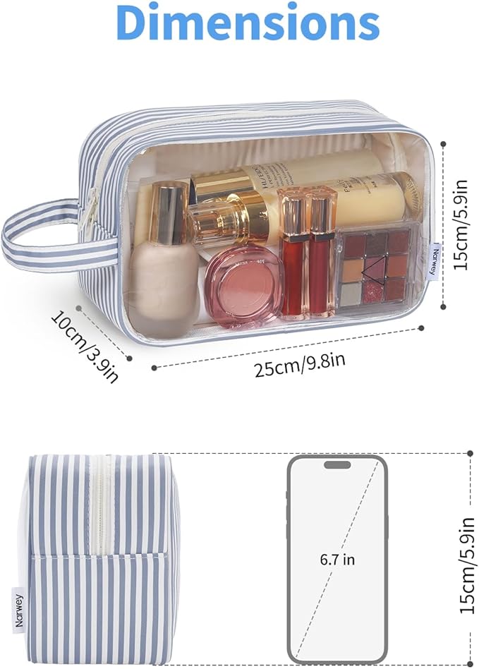 Narwey Striped Clear Makeup Bag Cosmetic Bag with Zipper for Travel, Clear Toiletry Bags for Traveling Toiletries Women Men, Make Up Pouch with Handle, Skincare Bag (Greyish Blue Stripe)