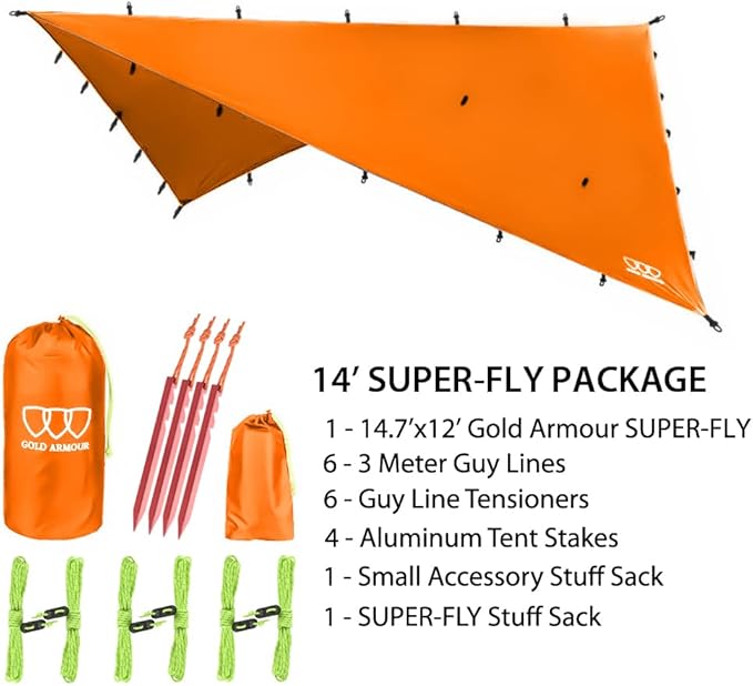 Gold Armour Rainfly Tarp Hammock, Premium 14.7ft/12ft/10ft/8ft Rain Fly Cover, Waterproof Ultralight Camping Shelter Canopy, Survival Equipment Gear Camping Tent Accessories (Orange 14.7ft x 12ft)