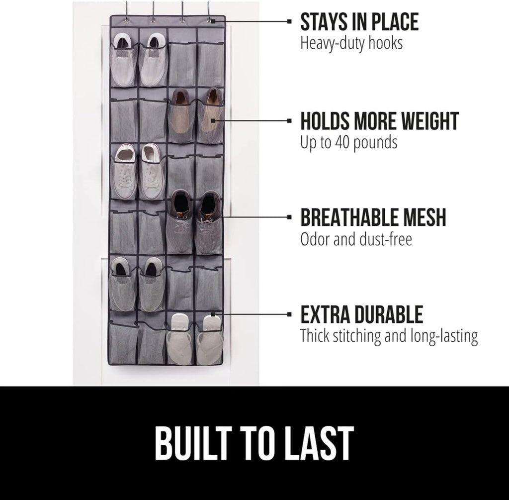 GORILLA GRIP Over the Door Shoe Organizer, 24 Large Breathable Mesh Pockets, Space Saving Hanging Storage Holder, Closet Rack Hanger Holds Up to 40 lbs, Hangs on Closets for Shoes, Accessories, Gray