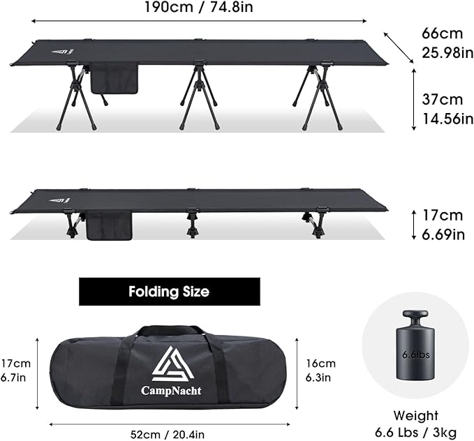 CAMPNACHT Ultralight Camping Cot with Leg Extenders, Aluminum Lightweight Folding Cot for Adults, Portable Backpacking Compact Tent Cot for Outdoor, Hiking, 1 Pack with 2 Use Modes, Black