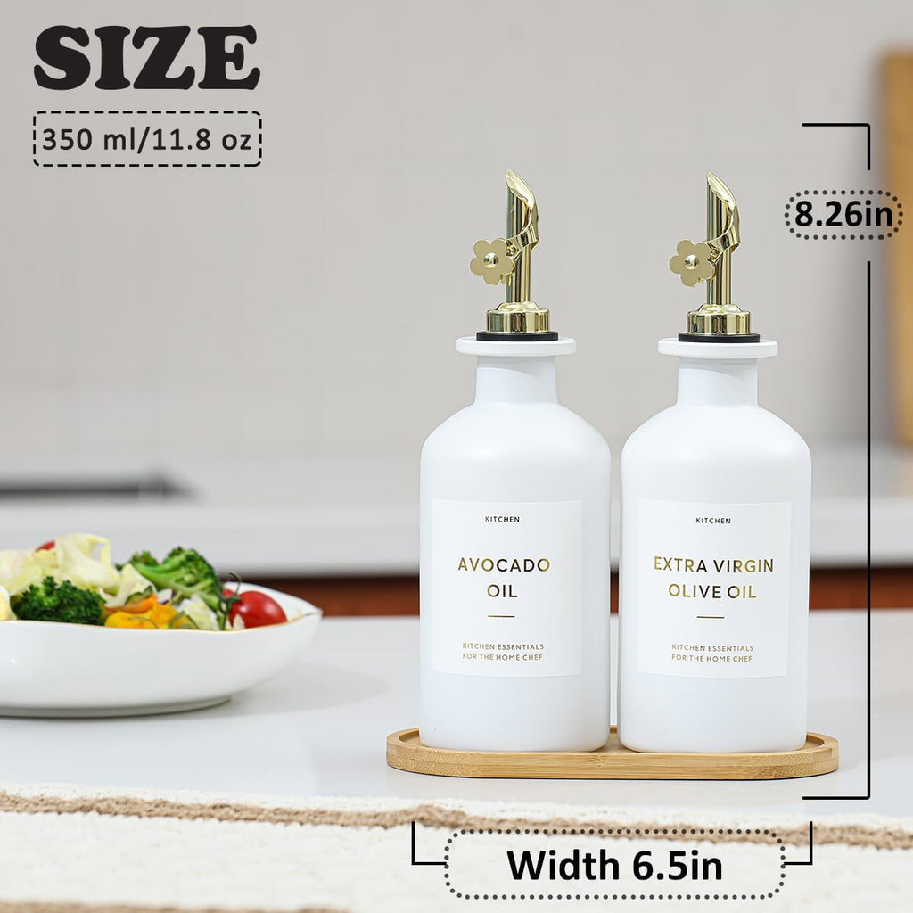 HOMCDALY Olive Oil Dispenser for Kitchen, 11.8oz Glass kitchen Dispenser Bottle, Gold Oil&Vinegar Cruet Set, Leakproof Oil Containers for Cooking| Set of 2 (11.8oz – Gold)