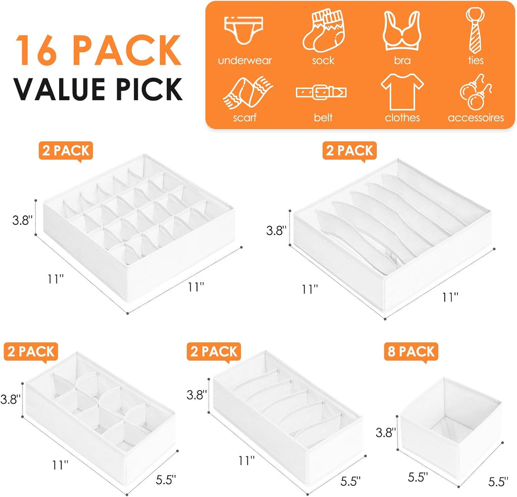 Drawer Organizer Clothes, 16 Pack Dresser Organizer Bins for Baby Clothes, Underwear Sock, Fabric Closet Organization and Storage Dividers for Nursery Bedroom (96 Compartments, White)