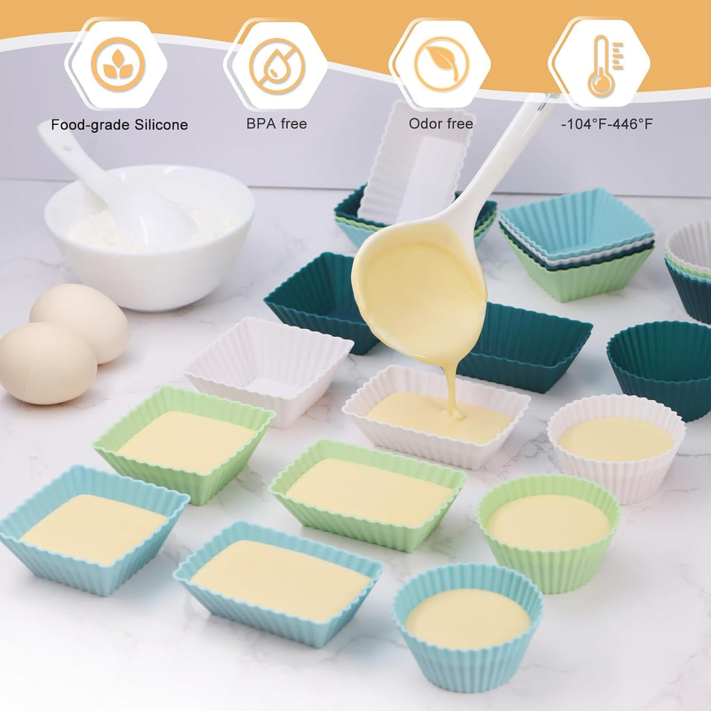 24Pack Silicone Muffin Cups, Reusable Cupcake Liners Molds for Baking, 3 Shapes Lunch Box Bento Dividers-Round, Square, and Rectangular (Neutral Colors, Large Size)
