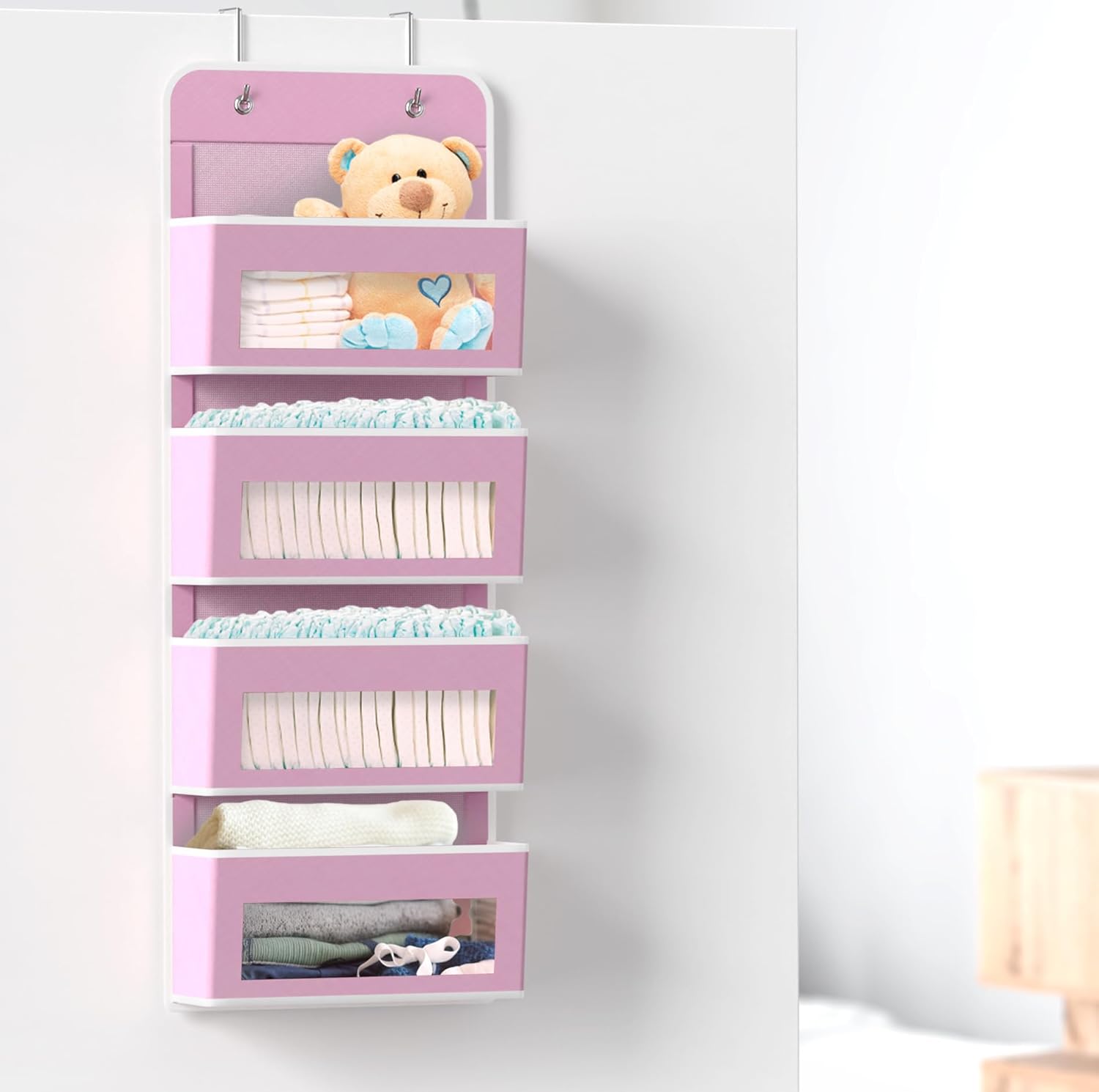 Simple Houseware 4 Clear Window Pocket Over Closet Door Storage Hanging Organizer for Bedroom, Bathroom, Pantry, Pink
