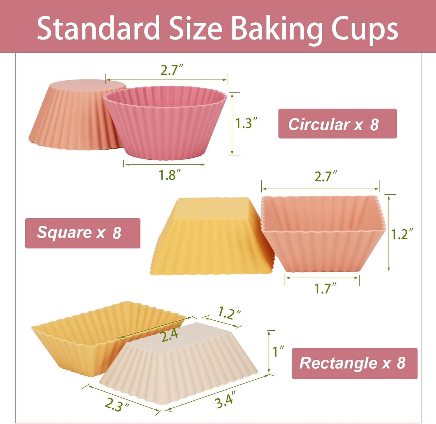 24Pack Silicone Muffin Cups, Reusable Cupcake Liners Molds for Baking, 3 Shapes Lunch Box Bento Dividers-Round, Square, and Rectangular (Orange Series, Regular Size)