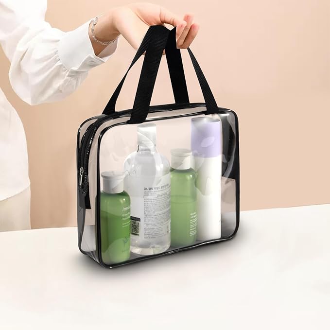 3Pcs Crystal Clear PVC Travel Toiletry Bag Kit for Women Men, Waterproof Vinyl Organizer Clear Makeup Bags with Zipper Handle Straps, Cosmetic Bag Pouch Carry on Airport Airline Compliant Bag Handbag