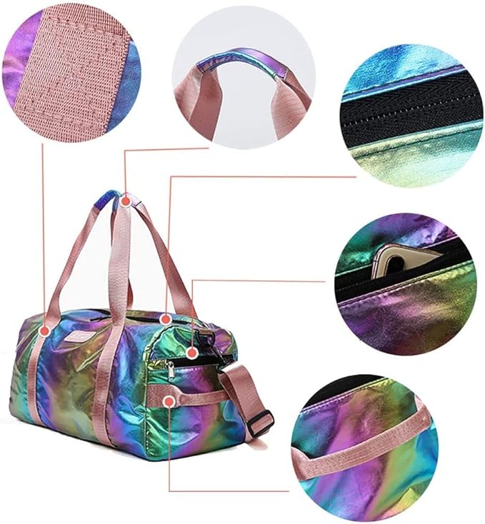 Gym Duffel Bag Women Overnight Medium Lightweight Foldable Weekender Travel Luggage Sport Athletic Water-Proof Dry Wet Shoe Compartment for Girls Kids, Rainbow, onesize