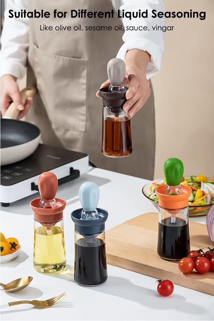 Oil Dispenser with Brush - 2 Pack Glass Olive Oil Dispenser Bottle with Basting Brush for Cooking Frying Baking Kitchen 180ml, T-OB21 Blue+Green