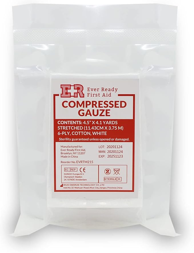 Ever Ready First Aid Compressed Sterile Gauze, 6-Ply Emergency Medical Dressing for First Aid Kits – 4.5” x 4.1 Yards - 5 Pack