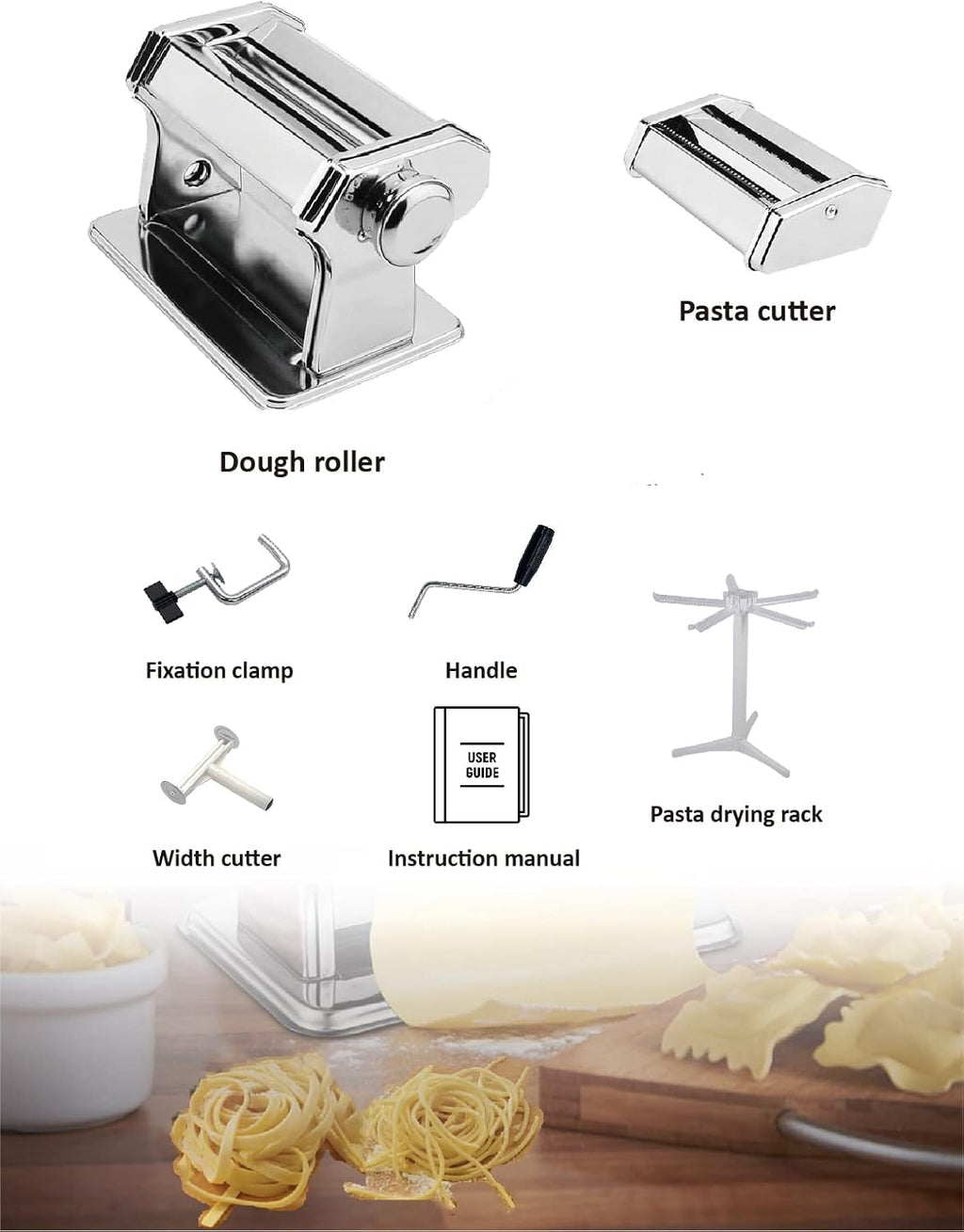 Pasta Maker Machine, 9 Adjustable Thickness Settings 2 in 1 Noodle Maker Dumpling Maker Machine Set with Dough roller, Pasta cutter, Pasta Drying Rack Attachment