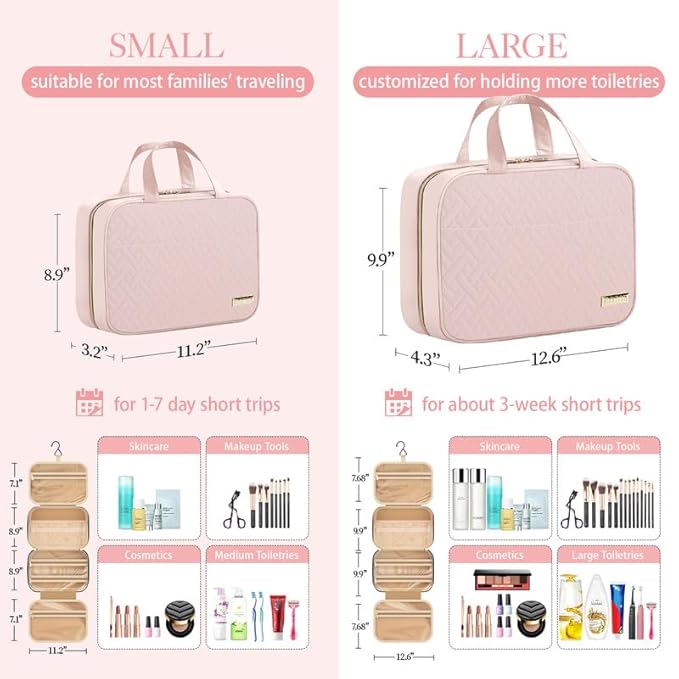 HOTOR Travel Toiletry Bag w/Hanging Hook - Spacious Toiletry Bag Essentials for Women & Men, Makeup Bag/Big Comparment, Waterproof for Travel Accessories, Large, Pink