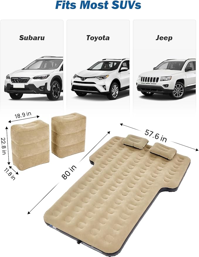 JOYTUTUS SUV Air Mattress Camping Bed,3.0 Thickened Flocking Car Camping Inflatable Mattress,Anti-Leakage,with 2 Pillows & Electric Pump Universal Car Bed for SUV Trunk and Rear Seat