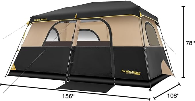 FanttikOutdoor Instant Cabin Tent 6/8/10/12 Person Camping Tent Setup in 60 Seconds with Rainfly & Windproof Portable with Carry Bag for Family Camping & Hiking, Upgraded Ventilation, Khaki