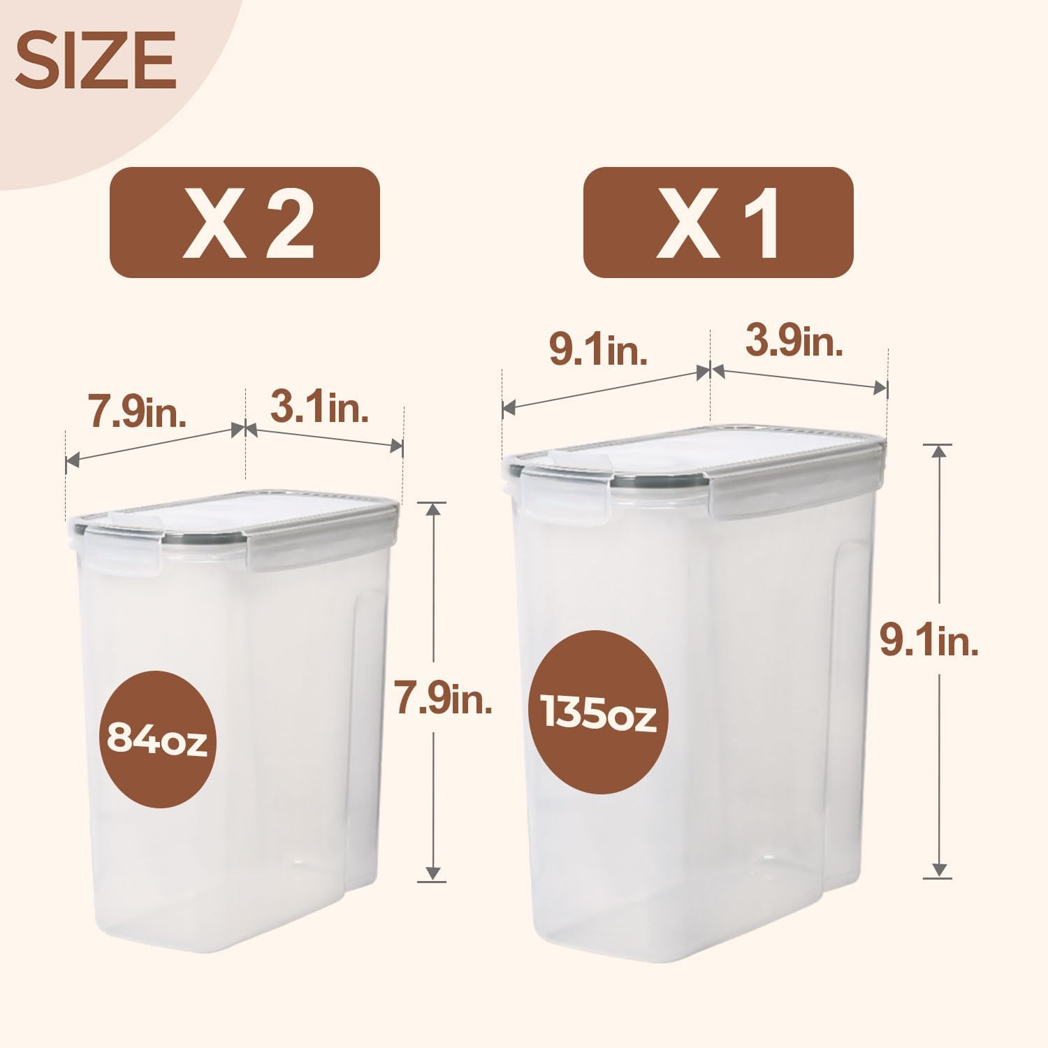 3 PCS Cereal Storage Containers Set, Airtight Food Containers with lid for Rice Pet food, Medium & Small Cereal Dispenser for Kitchen Pantry Organization (135.2oz/4L + 84.5oz/2.5L×2)