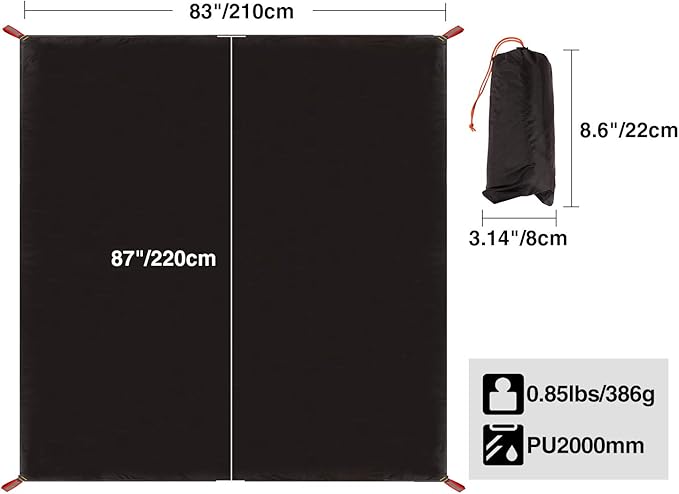 REDCAMP Ultralight Tent Footprint, PU 2000 Waterproof Camping Tent Tarp with Drawstring Carrying Bag for Ground Camping Hiking (83"x87" UL Black)