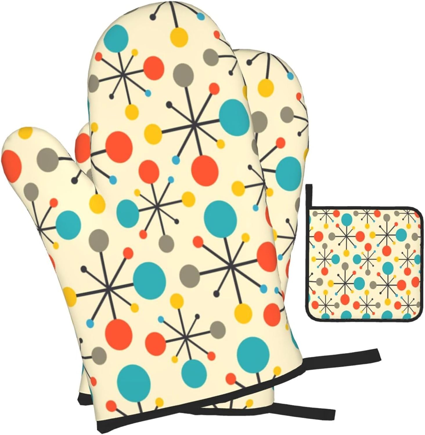 Mid Century Fifties Modern Atomic Retro Oven Mitts and Pot Holders Sets of 3, Yellow Kitchen Decor or Accessories, Heat Resistant Hot Pads Oven Gloves,Cooking Grilling Baking Gifts for Women