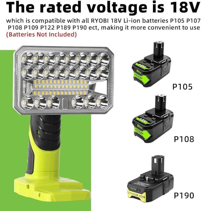 Working Light for RYOBI 18V Lithium-ion Battery, 2000LM 18W Flashlight with 3 Brightnesses, Aluminum Alloy Cordless LED Work Light for Camping, Emergency, Indoor, Outdoor...
