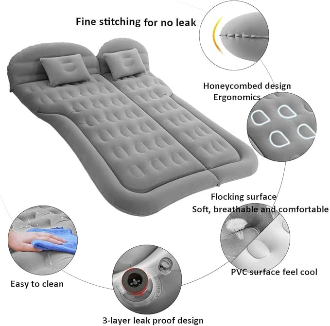 SAYGOGO SUV Air Mattress Camping Bed Cushion Pillow - Inflatable Thickened Car Air Bed with Air Pump Portable Sleeping Pad Mattress for Home Car Travel Camping Upgraded Version - Grey