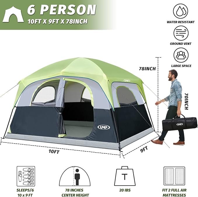 UNP Tents 6 Person Waterproof Windproof Easy Setup,Double Layer Family Camping Tent with 1 Mesh Door & 5 Large Mesh Windows -10'X9'X78in(H)