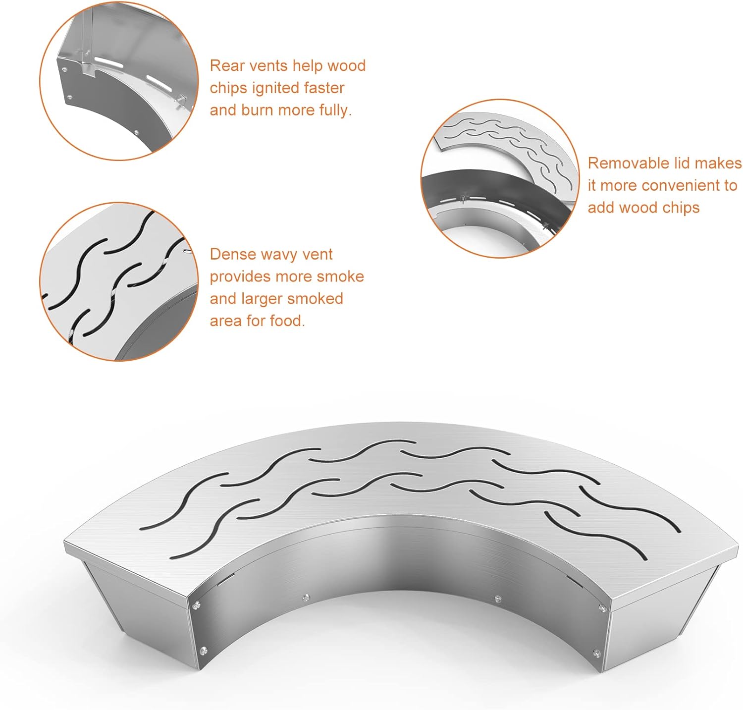 Onlyfire BBQ Smoker Box, Stainless Steel Fan-Shape Smoker Box with Removable Lid, Wood Chip Smoker Box for Charcoal Grills, Kamado Grills - Add Smokey BBQ Flavor to Your Foods, Design Patent