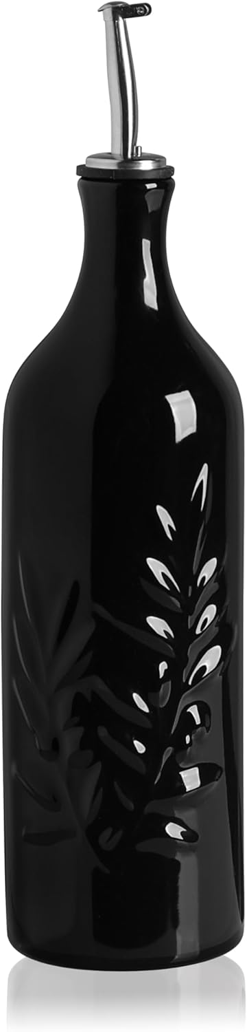 Sweejar Large Ceramic Olive Oil Dispenser Bottle, 24 Oz Relief Opaque Oil Cruet Protects Oil To Reduce Oxidation, Storage Vinegar, Soy Sauce, Coffee Syrup, Liquids, Set of 1 (Black)