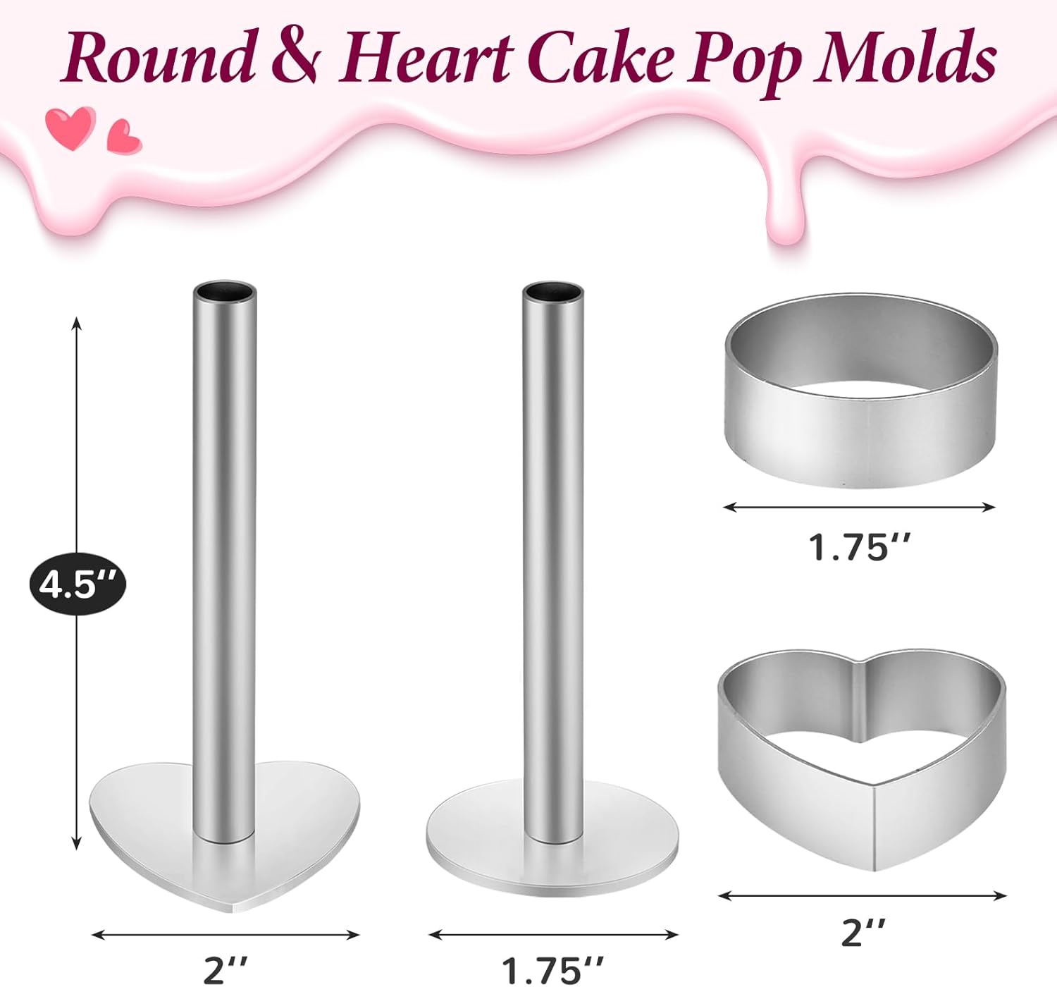 Webake Circle and Heart Cake Pop Cutter and Pusher, 304 Stainless Steel Cake Pop Molds, Easy Use, Non Toxic, Set of 4