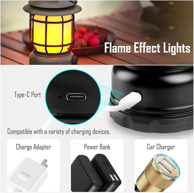 2PACK Rechargeable Camping Lantern, Flame Decorative Table Lamp, 2 Modes LED Light with Hook,Dimmable Vintage Style,Portable Waterproof Camping Light for Indoor/Outdoor Use (2)