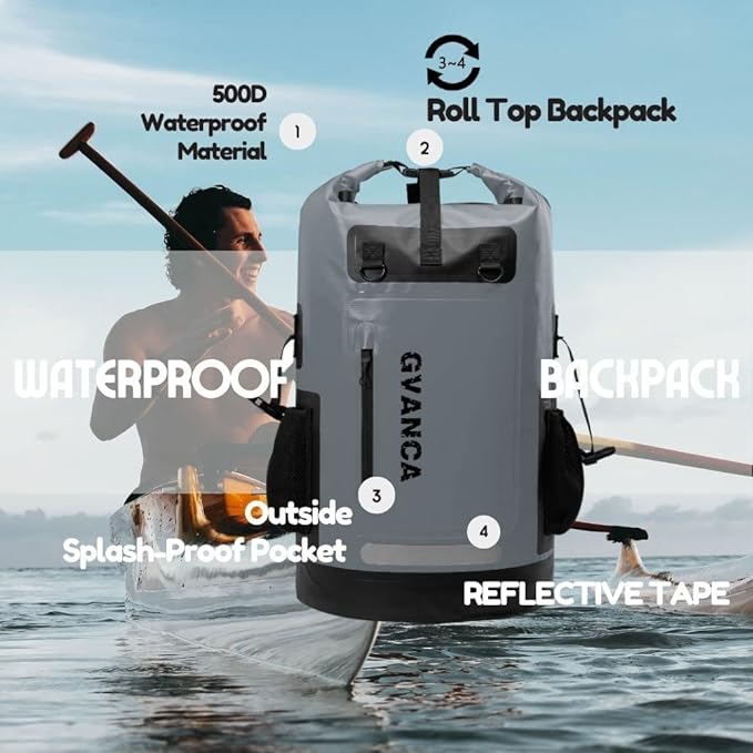 Waterproof Roll Top Kayak Dry Backpack, Floating Outdoor Dry Sack Boating Sailing Canoeing Rafting Fishing Camping 35L Grey