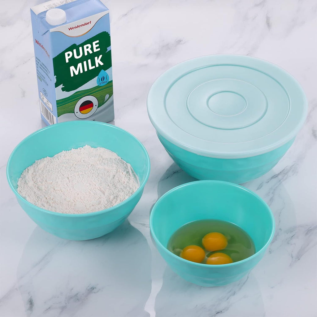 TP Mixing Bowl Set with Lids, 6-Piece Melamine Nesting Bowls Set for Pasta Baking Salad Mixing, Set of 3, Glossy Turquoise