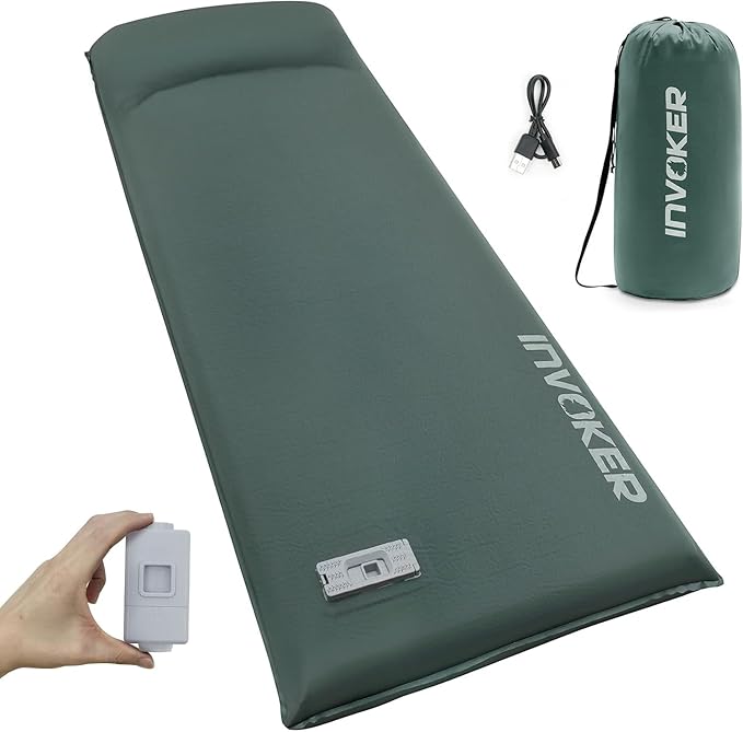 INVOKER Camping Sleeping Pad Foam Built-in Electric Air Pump 3.4" Ultra-Thick Self Inflating Sleeping Pad Fast Inflating in 20s Camping Mattress with Pillow for Car, Travel, Tent, Picnc