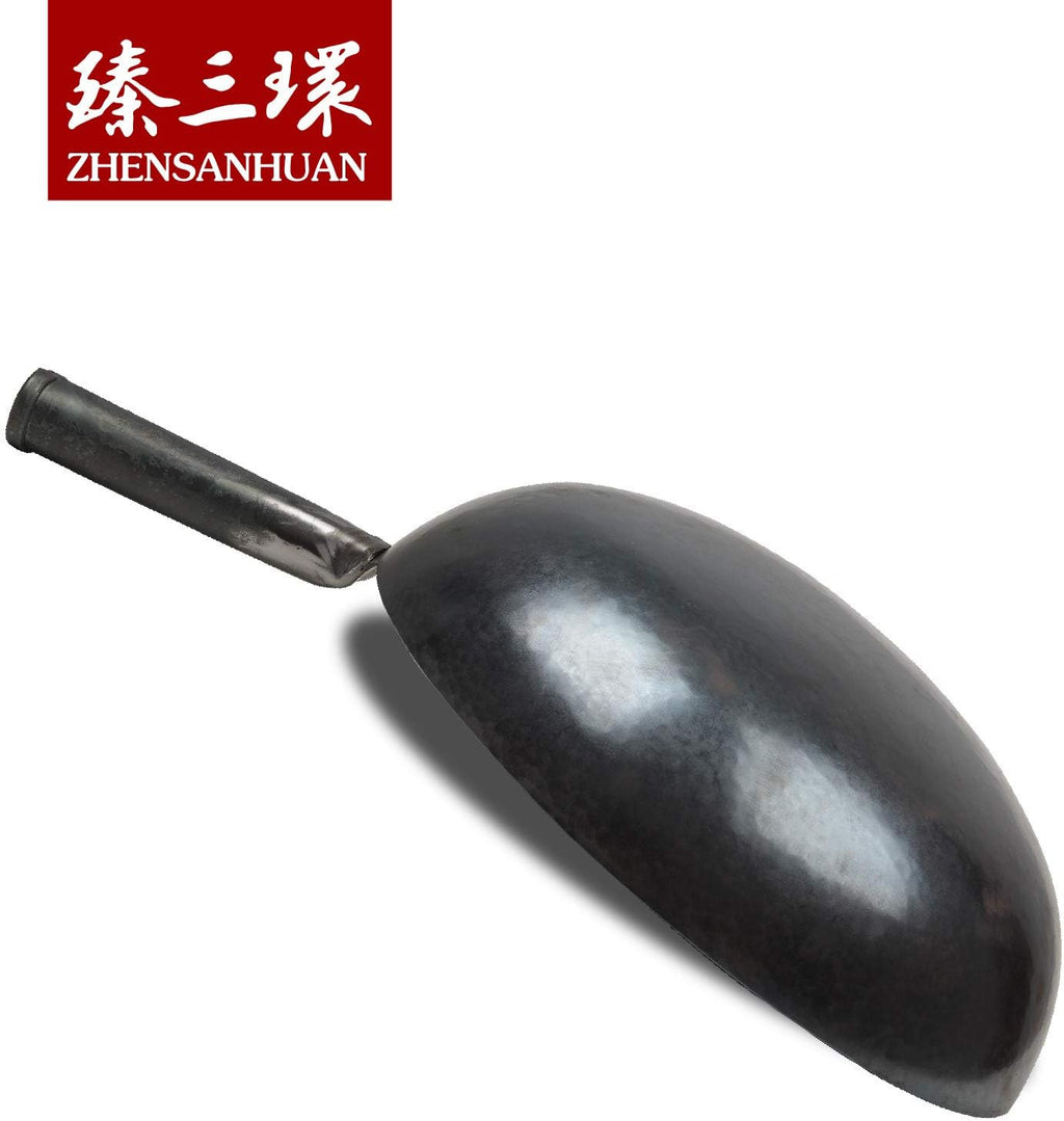 臻三环 ZhenSanHuan Chinese Hand Hammered Iron Woks and Stir Fry Pans, Non-stick, No Coating, Carbon Steel Pow (32CM, Blue Black - Seasoned)